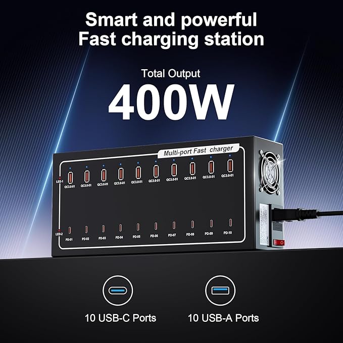 400W USB Charging Station, Charger with 10 PD Ports for MacBook Pro, iPhone, Smartphones, Tablets and Other Devices，Fast Compact Travel Adapter