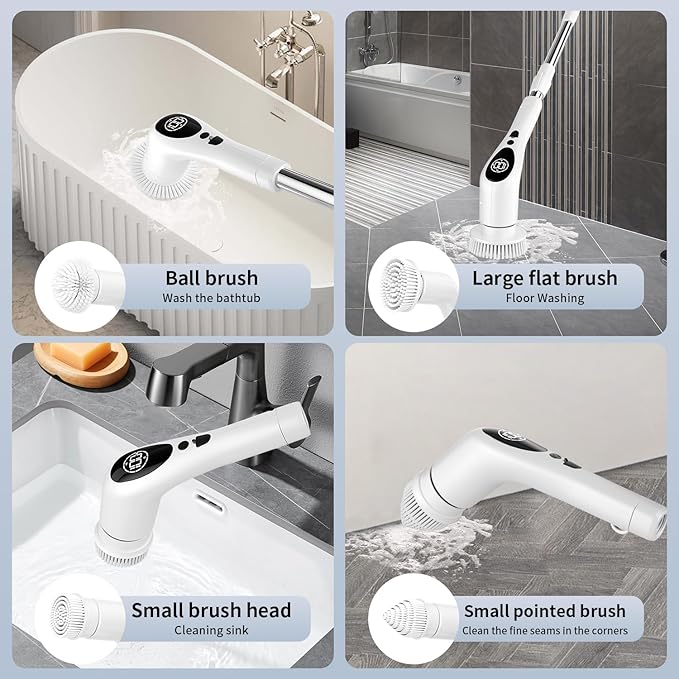 CenGoes Electric Spin Scrubber Cordless Cleaning Brush Shower Cleaning Brush with 9 Replaceable Brush Heads Long Handle Shower Cleaner Brush for Bathroom, White, TD-8136
