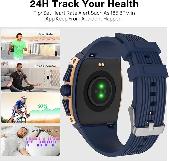 BRIBEJAT Smart Watches for Men, 1.76" HD Square Touchscreen with Heart Rate/SpO2/Sleep Monitor, Make/Answer Calls, 123 Sports Modes, IP68 Waterproof Fitness Watch for iPhone Android Compatible (Blue)