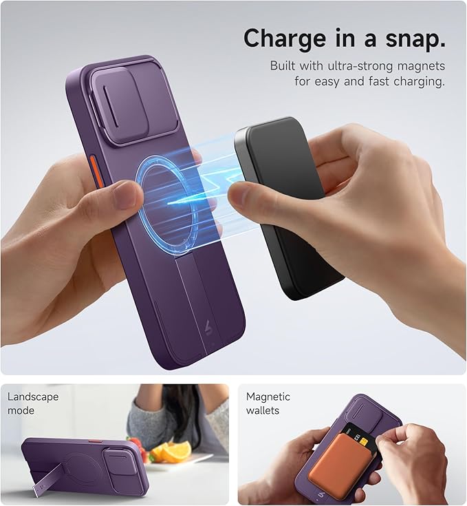 SURITCH for iPhone 13 Pro Max/12 Pro Max Case with Magnetic Camera Slide Cover and Adjustable Kickstand, Compatible with MagSafe, Shockproof Bumper Case Slim Protective Cover 6.7 Inch, Dark Purple