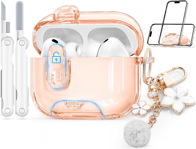 Clear Case for AirPods Pro 3 Case Cover with Safety Lock,Soft TPU Cover with Phone Stand & Cleaning Kit,Cute Bling Keychain for Women Girls-Desert Gold