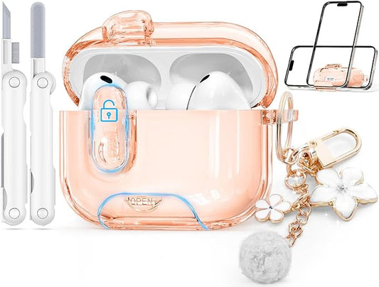 Clear Case for AirPods Pro 3 Case Cover with Safety Lock,Soft TPU Cover with Phone Stand & Cleaning Kit,Cute Bling Keychain for Women Girls-Desert Gold