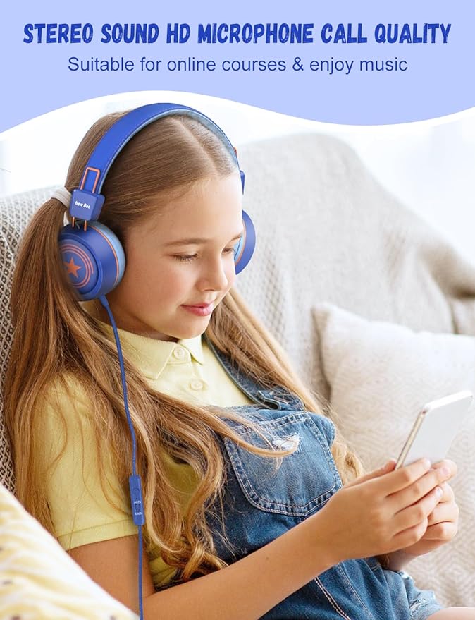New Bee Kids Headphones for School with Microphone KH20 HD Stereo Safe Volume Limited 85dB/94dB Foldable Lightweight On-Ear Headphone for boy Mac/Android/Kindle/Tablet/Pad(Royal Blue)