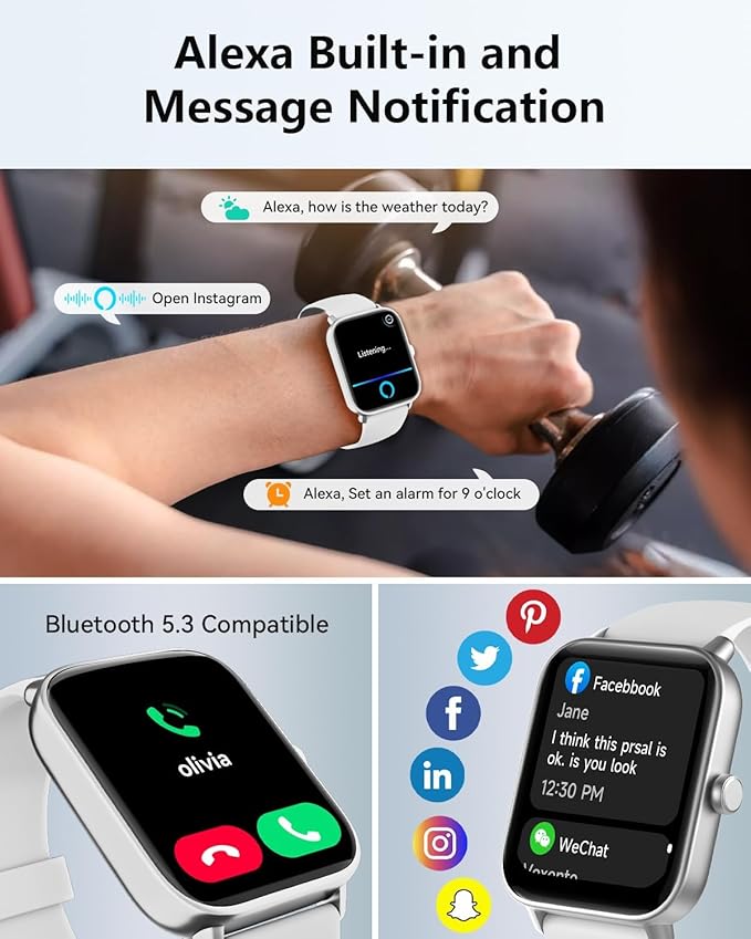 Smart Watches for Women/Men, Smart Watch for Android Phones and iPhone Compatible, Alexa Built-in, 1.8" Fitness Watches for Women, IP68 Waterproof /Bluetooth Call, Heart Rate/Sleep Monitor, White