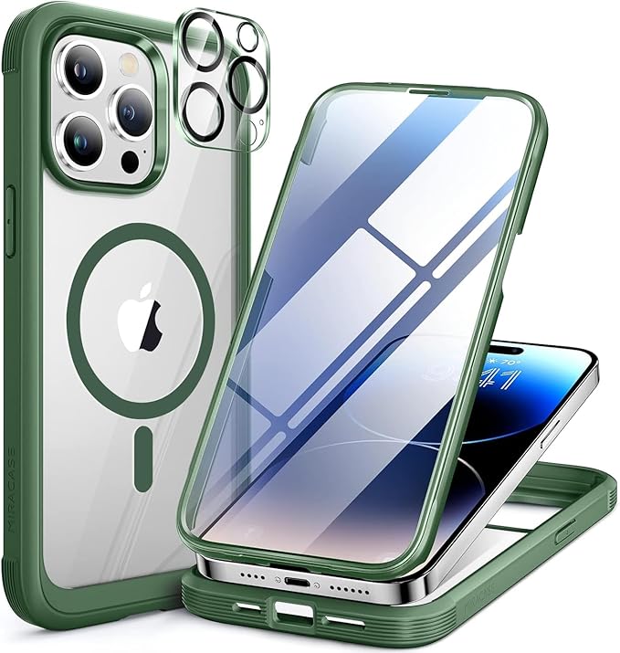 Miracase Magnetic for iPhone 14 Pro Case 6.1 inch, (Compatible with MagSafe) Upgrade Full-Body Clear Phone Bumper Case with Built-in 9H Tempered Glass Screen Protector, Magnetic Acacia Green