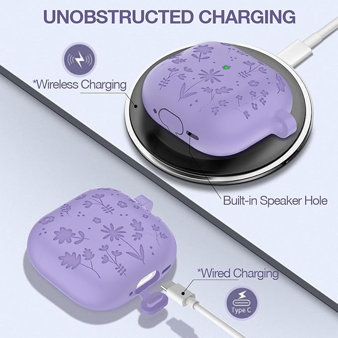 Compatible with AirPods 4th Generation Case Cover with Cleaner Kit, Flower Engraved Silicone Shockproof Protective Skin Cover for AirPods 4 Case 2024 with Keychain, Purple