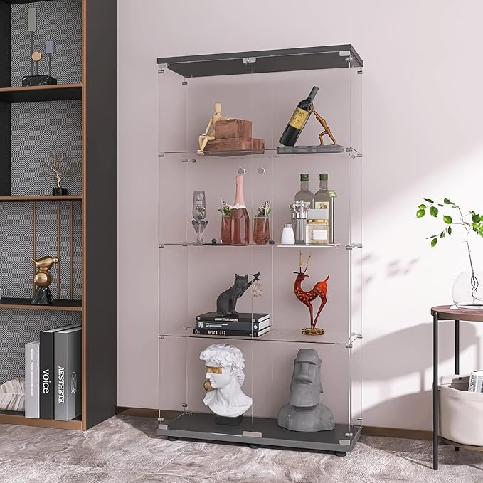 LFT HUIMEI2Y Glass Display Cabinet 4-Shelf with Double Door, Curio Cabinets Fast Installation in 30 Mins, Tempered Glass Floor Standing Bookshelf for Bedroom, Living Room 64.7”x 32”x 14.4” Black