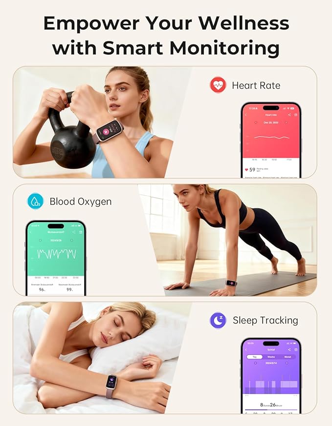 Fitness Tracker with 24/7 Heart Rate Monitor, Sleep Tracker - 3 ATM Waterproof Fitness Watch Calorie Step Counter Smart Watch Includes 3 Sport Bands for Android iOS Women Men, Smoky Violet