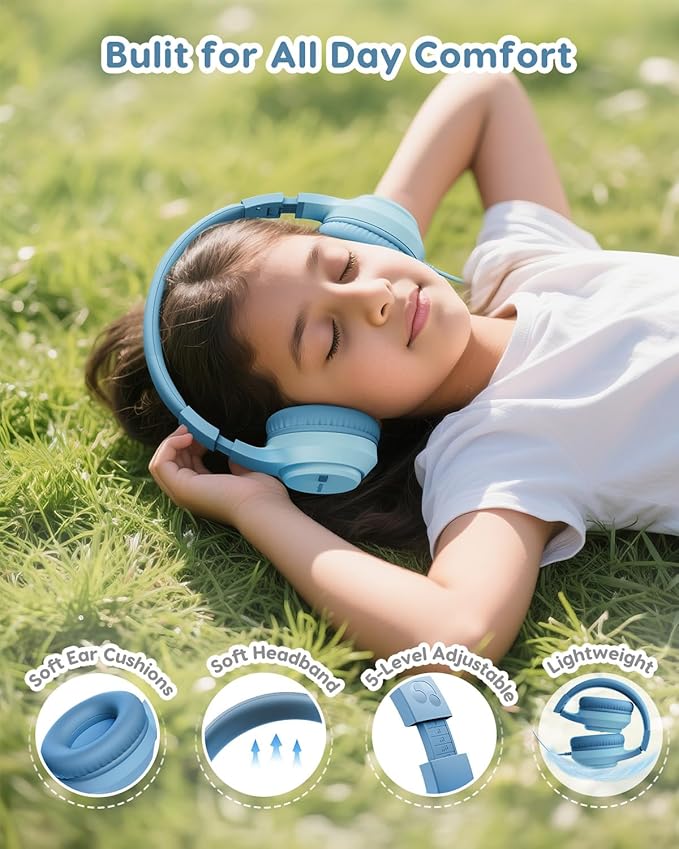 Kids Headphones, 74/85/94dB Volume Limiter, Foldable Wired Over Ear Headphones for Travel, 3.5mm Jack, Toddler Headphones for School, Chromebook, iPad, Tablet, Green