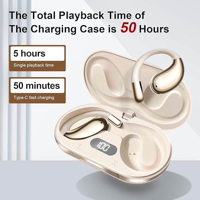 Wireless Earbuds,Open Ear Earbuds - Bone Conduction Headphones,running headphones,Waterproof Deep Bass Earphones for Fitness and Running, sports headphones,Sweat-Resistant for Workouts (Khaki White)