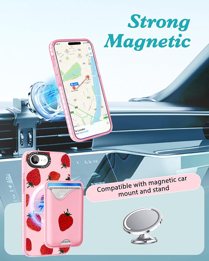 Toycamp for iPhone 16e Case 6.1 Inch - Compatible with Magsafe Credit Card Holder Wallet Magnetic Cute Women Teen Girls Kawaii Girly Unique Strawberry Design Phone Cover for iPhone 16e
