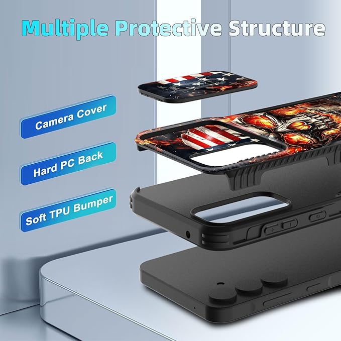 for Galaxy A35 5G Case Built in Slide Camera Lens Cover,Heavy Duty Shockproof Protection Dual Layer Case for Samsung Galaxy A35 5G 6.6 inch 2024,American Flag Flame Skull