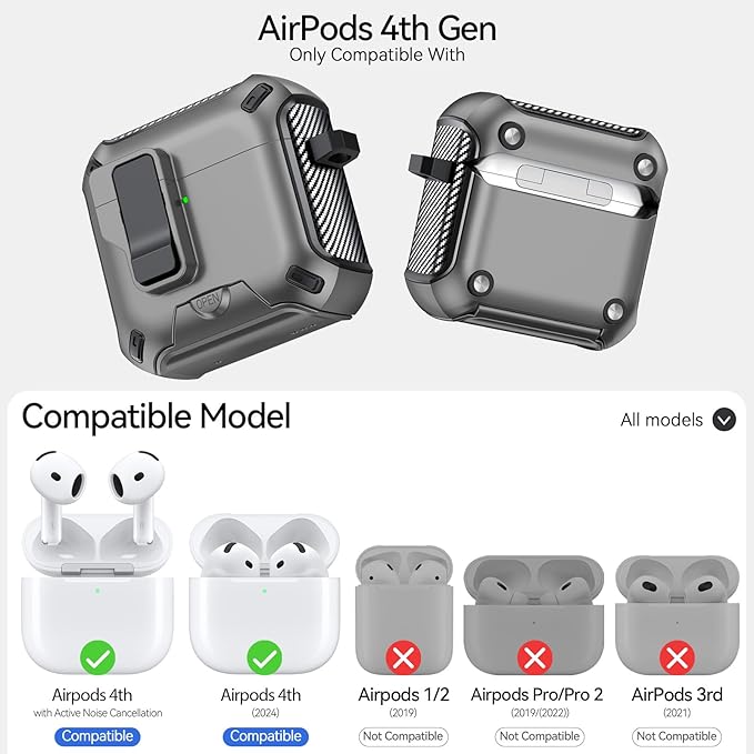 for AirPods 4 Case (2024) with Phone Stand,（with Automatic Snap Switch） Carbon Fiber Design Protection Cover with Cleaning Pen,Gray