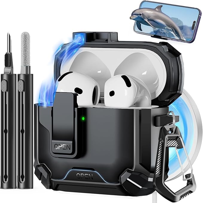 Compatible with AirPods 4 Case,Magnetic Automatic Lock with Phone Stand & Cleaning Kit,Compatible with Magsafe Cover -Black