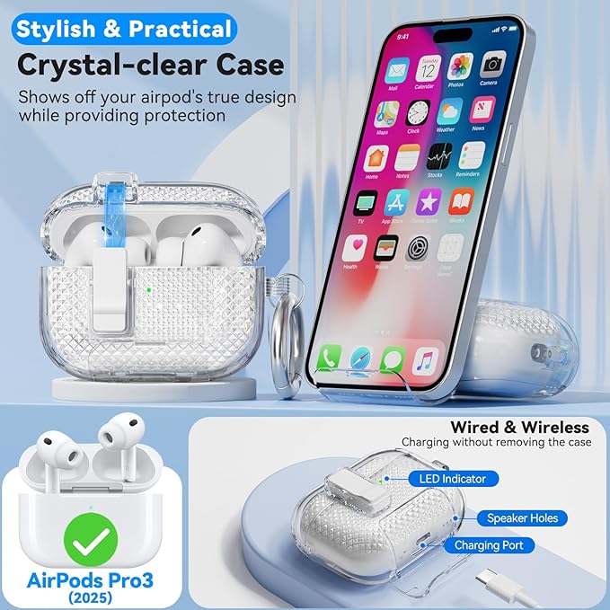 for AirPods Pro 3 Case with Phone Stand & Secure Lock, Auto-Open Clear Case Cover Compatible with Apple AirPods Pro 3rd Generation with Cleaning Kit & Keychain