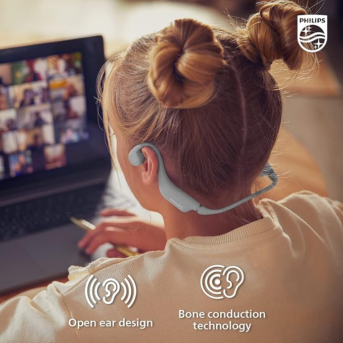 PHILIPS Kids Open-Ear Bone Conduction Bluetooth Headphones with Internal Microphone and Parental Controls, Gray, TAK4607GY