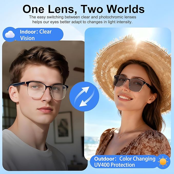 AI Smart Wireless Bluetooth Translation Glasses for Men/Women with Speakers/Bluetooth&140+ Languages Translation Sports/Travel/Drive/Busniess (G6+AI+Color Change Lenses+Silver)