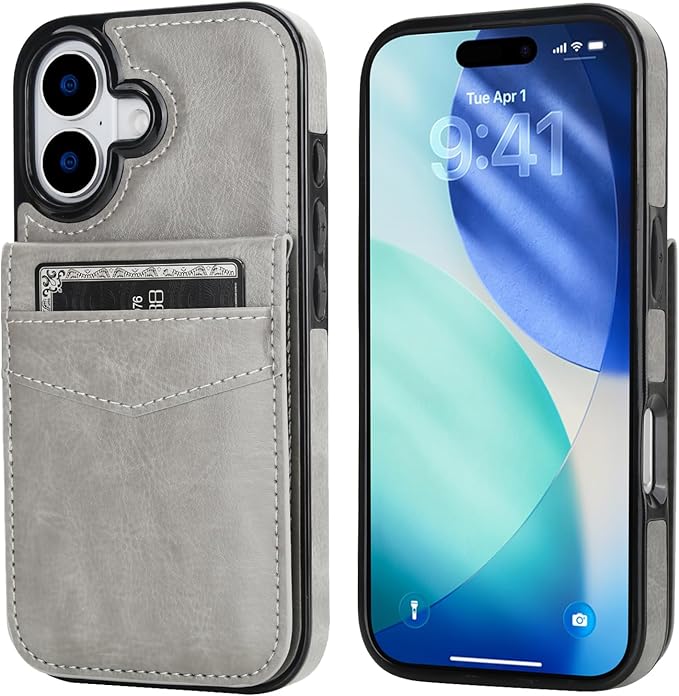 KIHUWEY Compatible with iPhone 17 Case Wallet with Credit Card Holder, Flip Premium Leather Magnetic Clasp Kickstand Heavy Duty Protective Cover for iPhone 17 6.3 Inch (Gray)
