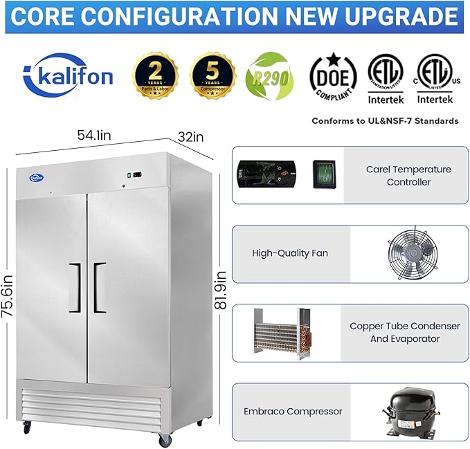 54" Reach-in Commercial Freezer with 2 Solid Door & 8 Shelves, 49 Cu.ft Stainless Steel Freezer Fan Cooling Freezer for Restaurant, Bar, Home, Shop, and Business