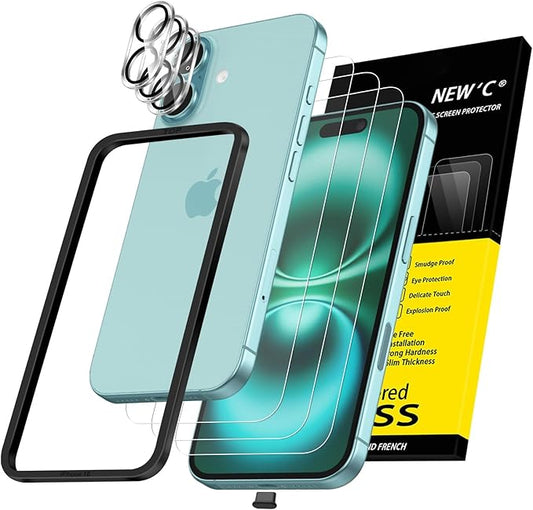 NEW'C 3x for iPhone 16 Screen Protector (6.1 inches)+ 3x Camera Lens Protector, Sensor Protection, Case Friendly Tempered Glass Film +Dust Plug- Easy installation tool include
