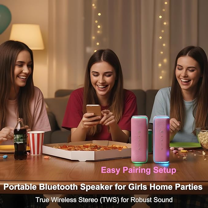 Pink Portable Speaker, 40W IPX7 Waterproof Wireless Outdoor, Bluetooth 5.3, 25H Playtime, Bass Boosted, LED Lights, TWS Pairing for Beach Parties, Pool, Shower, Valentine's Day Gifts