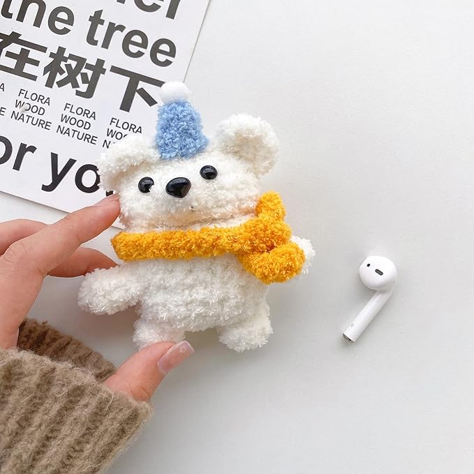 Yatchen Plush Bear Case for AirPods 3,Kawaii Cute 3D Cartoon Fur Bear with Scarf Funny Furry for AirPods 3rd Generation Cover with Keychain Protective Case Women Girls for AirPods 3