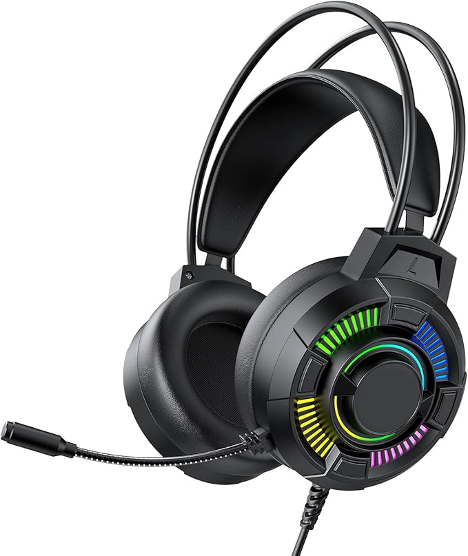 Tangxi Gaming Headset, USB Wired Over Ear Headphones with 50mm Drivers and RGB Lighting, 7.1 Surround Sound, Lightweight Design, for PC, PS 5, X Box Series X | S