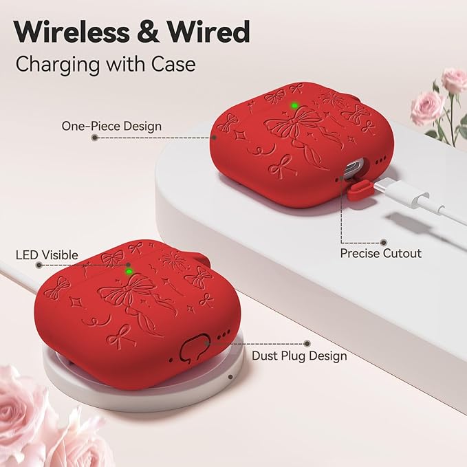 for Airpods 4 Case Cover, Joremx Cute Bow Engraved Silicone Protective Case Cover with Keychain, Cleaner Kit for AirPods 4th Generation Case 2024 (Red)
