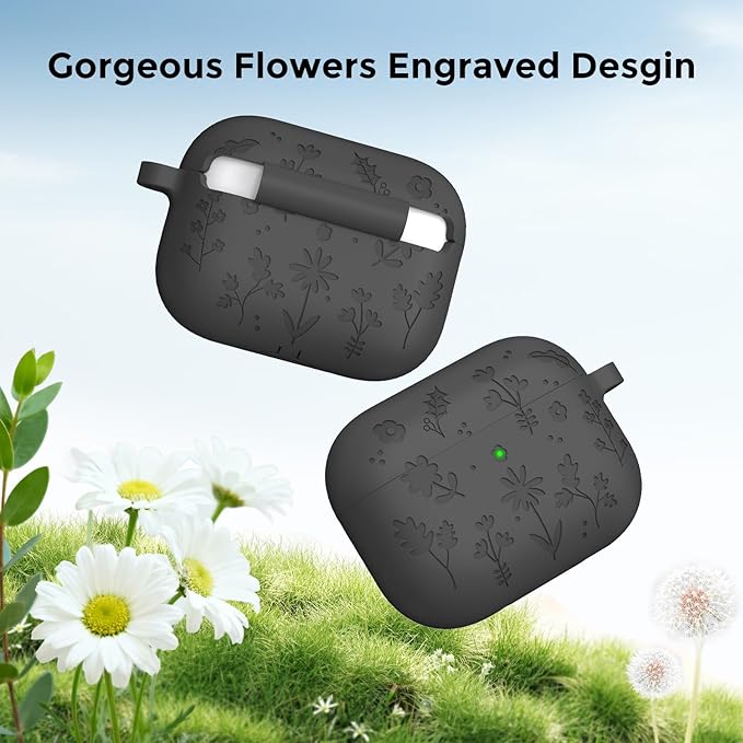 AhaStyle AirPods Pro 3 Case Cover (2025) Flower Engraved Cute Silicone AirPods Pro 3rd Generation Case Full Body Shockproof Cover Skin for Apple AirPods Pro 3rd Gen with Cleaning Kit for Women Girls
