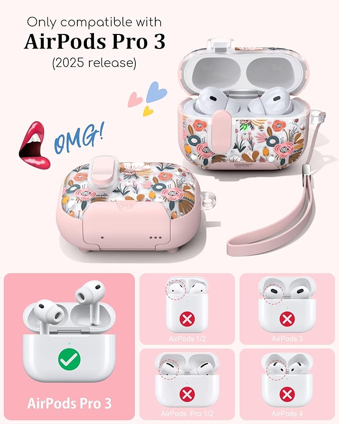 TATOFY for AirPod Pro 3 Case (2025) with Phone Stand Lanyard Lock Cleaning Kit, Compatible with Magsafe Flowers Hard AirPods Pro 3rd Generation Cover for Women (Pink, AirPods Pro 3)