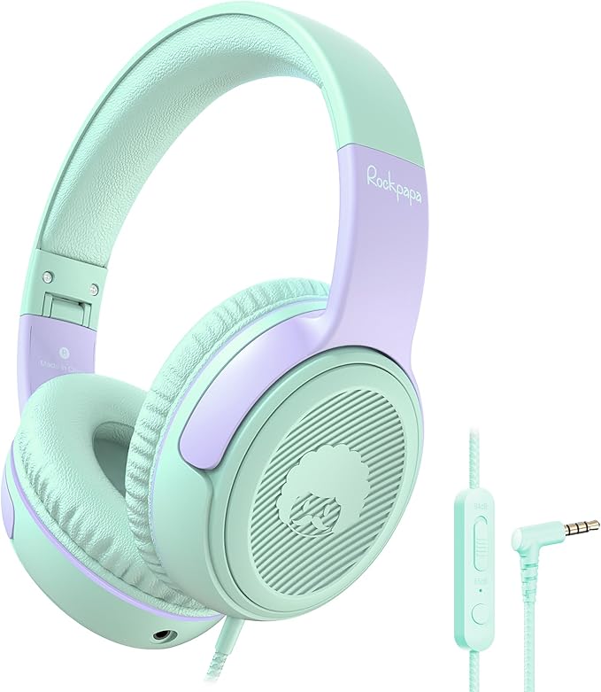 rockpapa Share 1 Kids Headphones Wired with Microphone & Share Port, 85dB/94dB Volume Limited, Cute Foldable Student Child Boys Girls Headphones for School/Classroom/Travel Green/Purple