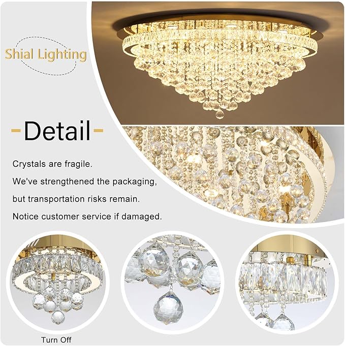 Dia 24" Modern Crystal Chandeliers for Dining Room,Gold Raindrop Chandelier Flush Mount Chandeliers for Living Room Bedrooms Dining Room Dimmable 2700k 4500k 6000k