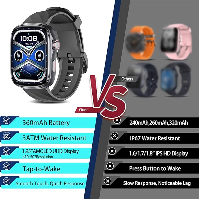 Smart Watch with Big Screen, Ultra HD 1.95" AMOLED Display (410×502 High Resolution) | 3ATM Waterproof | Heart Rate/Sleep Tracker | 130+ Sports/Fitness Modes, Bluetooth Calling, Smart Notifications