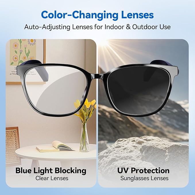 AI Smart Glasses for Men & Women – Powered by ChatGPT, Real-Time Translation, Bluetooth Glasses with Photochromic Lens, Music & Hands-Free Calling, UV & Blue Light Protection, Thin Temples