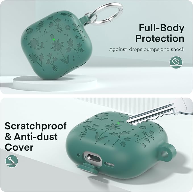 Maxjoy for AirPods 4 Case, Engraved Silicone Cute AirPod 4 Case for Women Men Protective iPod 4 Cover with Keychain Cleaning Kit for AirPod 4th Generation Cover 2024, Pine Green
