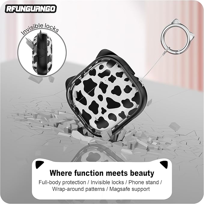 RFUNGUANGO AirPods 4 Case for Women Girly Cat Case with Lock, Phone Stand, Keychain & Cleaner Kit, Compatible with Apple Airpods 4th Generation Case Cover, Transparent Leopard Print