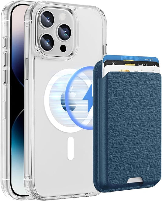 Magnetic for iPhone 13 Pro Max Clear Case with Blue Card Holder, Compatible with MagSafe, Slim Shockproof Phone Cover with Detachable Wallet, Built-in Magnet Ring