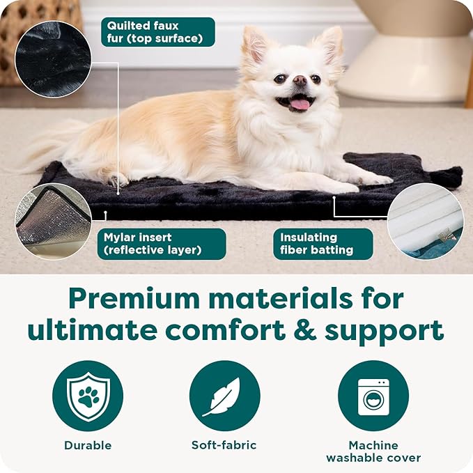 FurHaven ThermaNAP Self Warming Cat Mat/Dog Bed for Crates with Self-Warming Technology for Cozy Rest, Fully Machine Washable, Small, Plush Faux Fur, Black