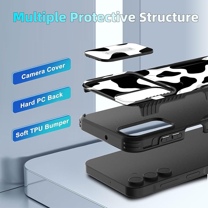 for Galaxy A16 5G Case Built in Slide Camera Lens Cover,Heavy Duty Shockproof Protection Dual Layer Case for Samsung Galaxy A16 5G 6.7" 2024,Cow Print