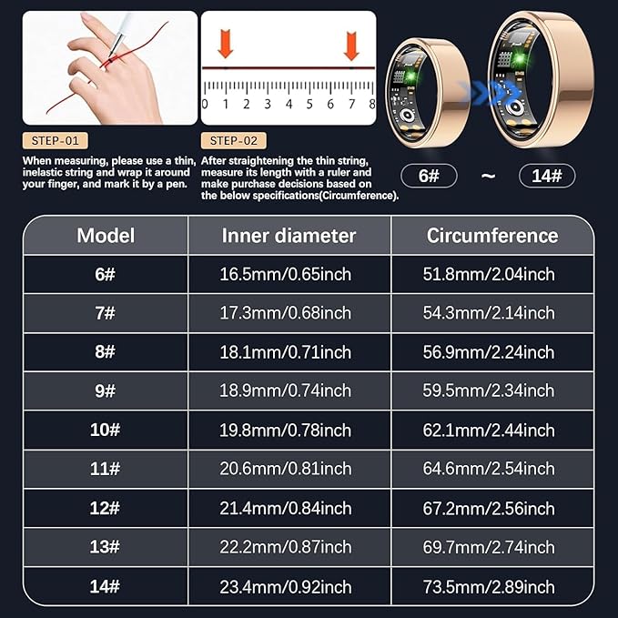 Health Tracker Ring, Smart Health Ring for Women Men with Heart Rate, Blood Oxygen, Sleep Monitor, Steps,Calories, No Subscription Fee, IP68 Waterproof Smart Ring for iPhone & Android (Rose Gold, 6#)