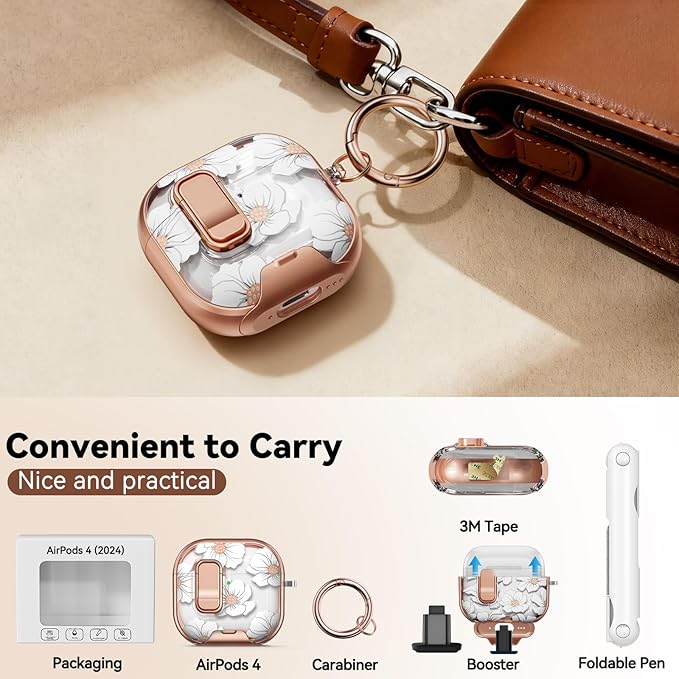 for AirPods 4 Case, with Safty Lock & Phone Stand for Floral AirPods 4th Generation Case Cover for Women Girly, iPod 4 Case with Keychain & Cleaner Kit -White Lily