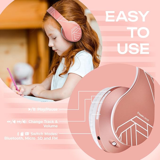 PowerLocus Kids Headphones Over-Ear, Bluetooth Wireless Headphones for Kids,with Microphone, Safe 85DB Volume Limited, Foldable with Carry Case, Audio Cable, Micro SD mode for Online Classes,PC,Phones