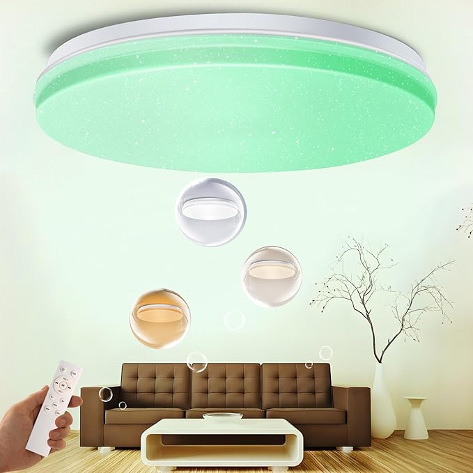 BT-Version LED Ceiling Light with Speaker 40W 12Inch Music Ceiling Lamp with Remote Control Adjustable Brightness & Color Temperature RGB Ambient Lighting for Kids Room Bedroom and More
