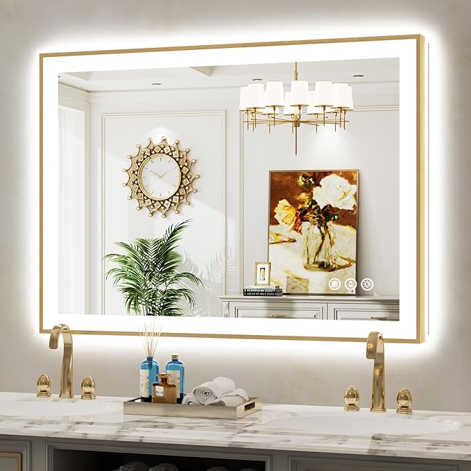 44x32 Inch LED Bathroom Mirror with Lights (Front Lit and Backlit) Gold Framed Lighted Vanity Mirror for Bathroom Wall Dimmable Anti-Fog Memory Tempered Glass Horizontal/Vertical