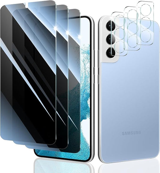 Privacy Screen & Camera Lens Protector for Samsung Galaxy S22+/S22 Plus, Anti-Spy Tempered Glass, Dark Private Black, 9H Hardness Anti-Scratch Case-Friendly, 3-Pack Each