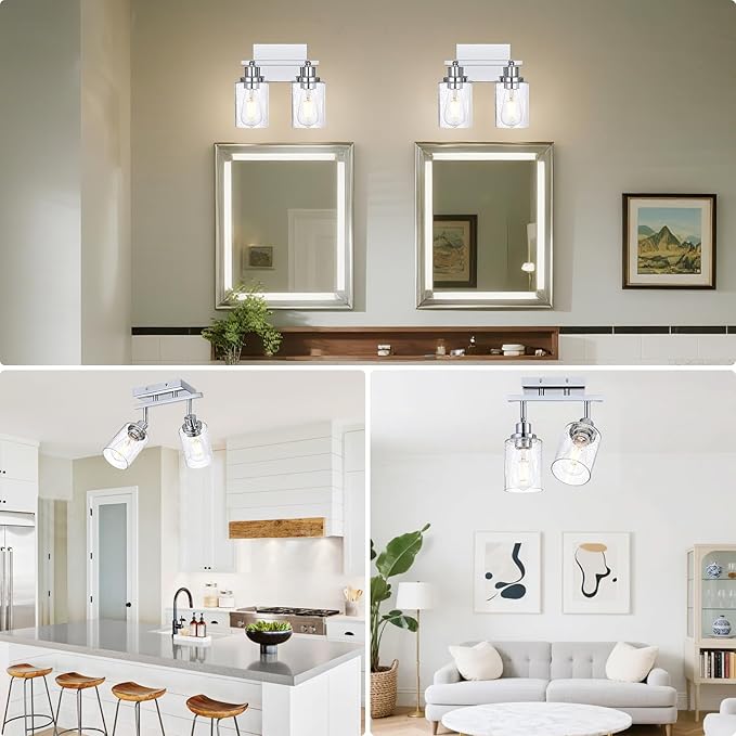 2-Light Chrome Track Lighting Kit Ceiling Kitchen Track Light Fixture with Seeded Glass, Multi-Directional Rotating Track Lighting Heads Spotlight Fixtures for Accent Shop Bathroom Vanity