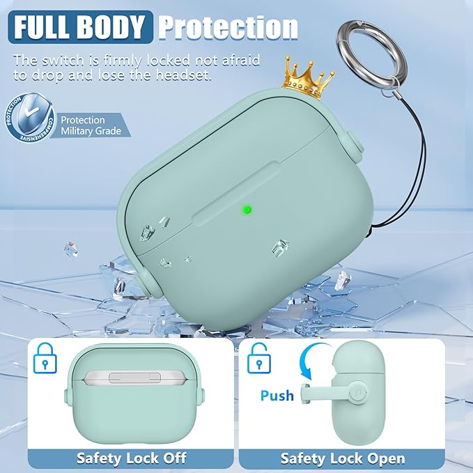 for Airpods Pro 3 Case,Safety Lock Cases for Apple Airpod Pro 3 (2025) with Cleaner Kit, Drop Protection Air pods Pro3 Case Cover for Men for Women with Keychain,Mint Green