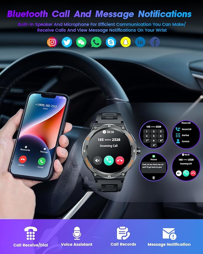 Smartwatch for Men Android Fitness Tracker: 1.53" Military Smart Watch with Flashlight Compass Make Answer Bluetooth Call Android iPhone Compatible 3ATM Waterproof Sport Watch Sleep Heart Rate Monitor