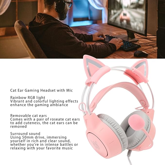 Eujgoov Cat Ear Gaming Headset Rainbow RGB Lighting, Detachable Cat Ears, Surround Sound 7.1 Mic, USB and 3.5MM Multi Platform Compatibility with Breathing LED for PC Laptop Game Console