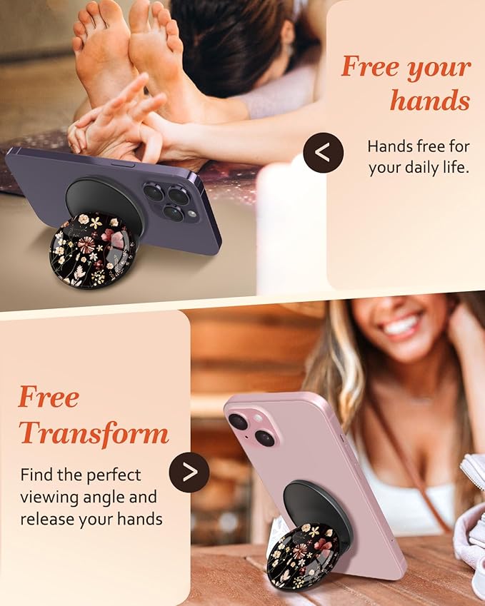 Kidcube Magnetic Phone Grip Compatible with Magsafe - Cell Phone Grip Stand Magnetic Ring Holder Finger Kickstand for iPhone 17 16 15 14 13 12 Series Magnet Removable Accessories Cute Black Flower